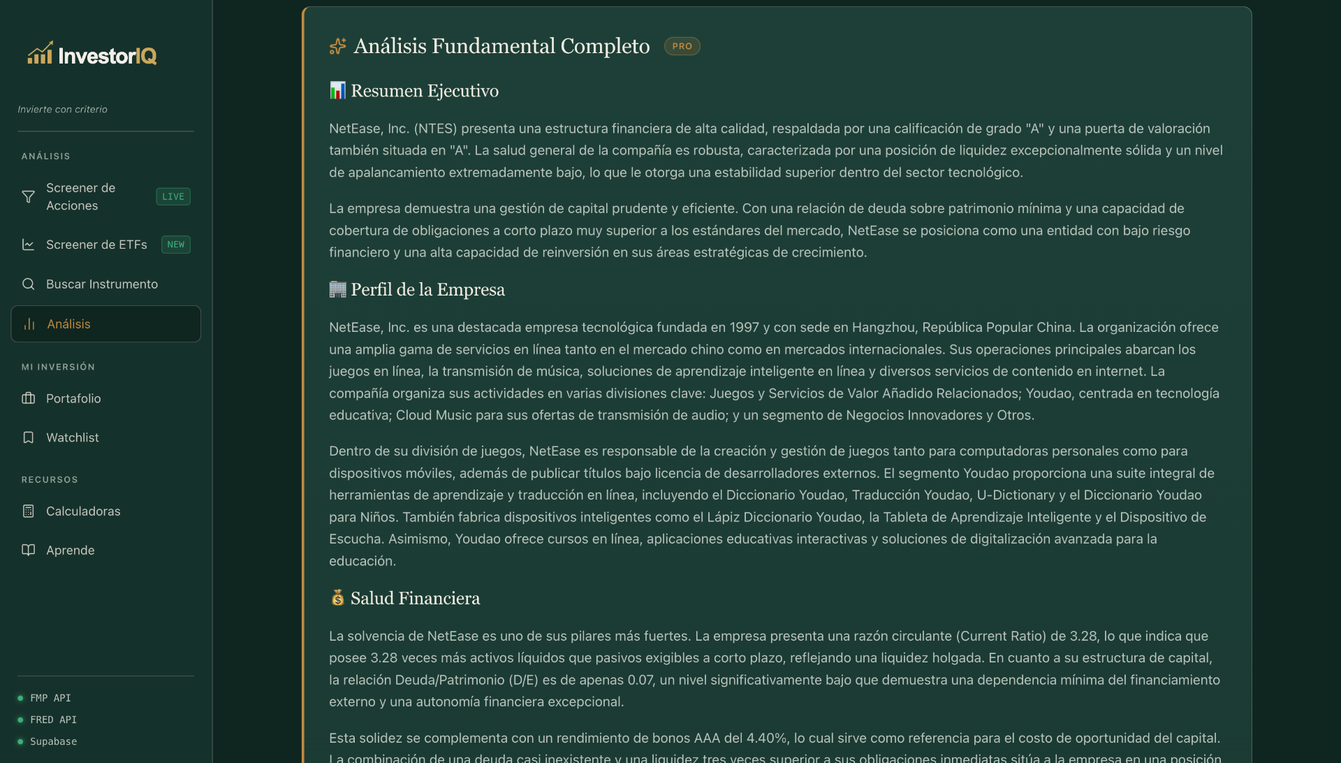 Pantalla de análisis fundamental completo de NetEase (NTES) en InvestorIQ